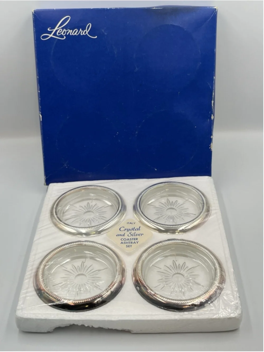 VTG Leonard Crystal Silver Plated 4 Coasters Starburst Pattern ITALY 25th Anniv